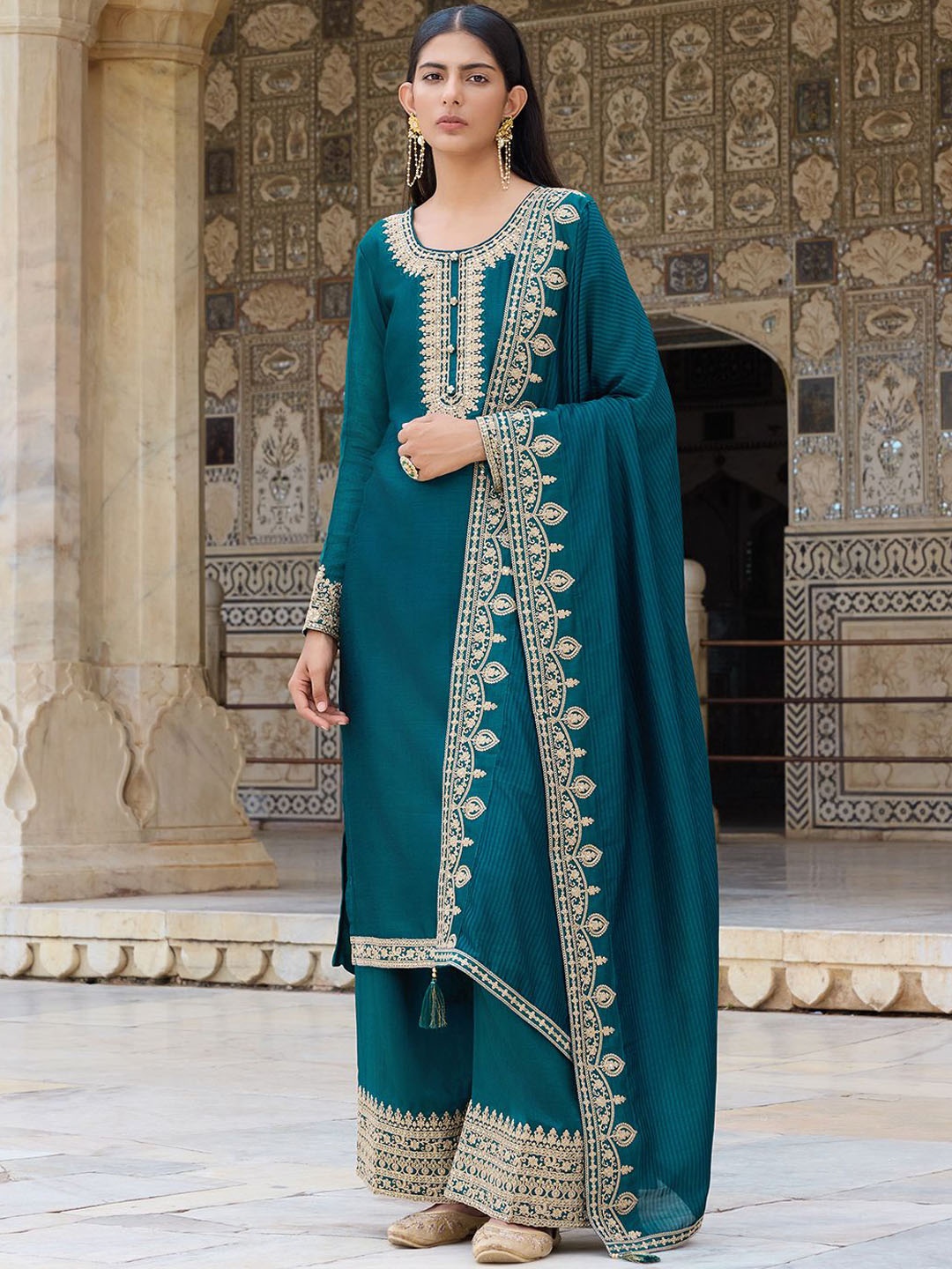 

KALINI Ethnic Motifs Yoke Design Straight Kurta With Palazzos & Dupatta, Green