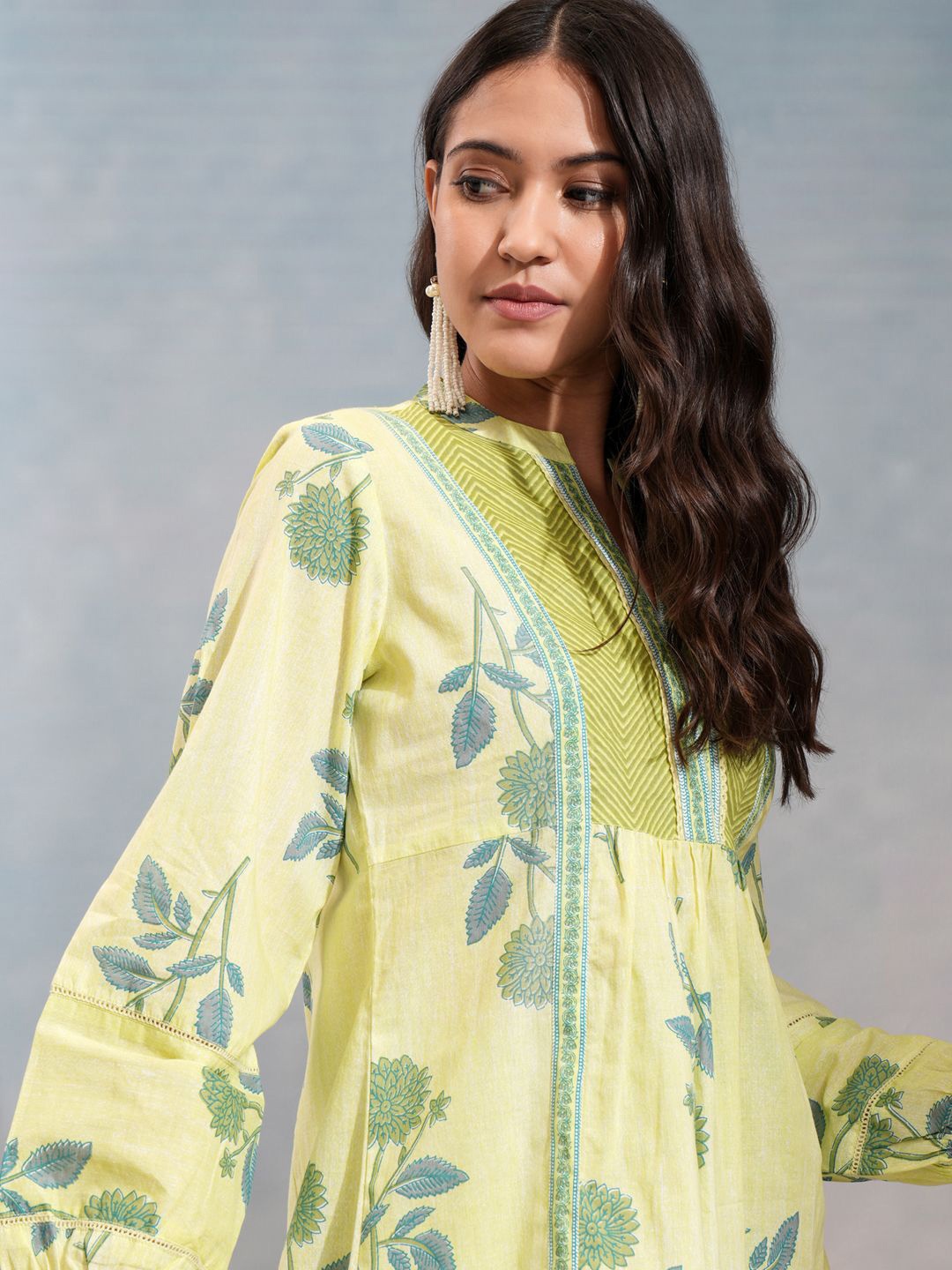 

Vishudh Women Floral Printed Mandarin Collar Cotton Top, Lime green