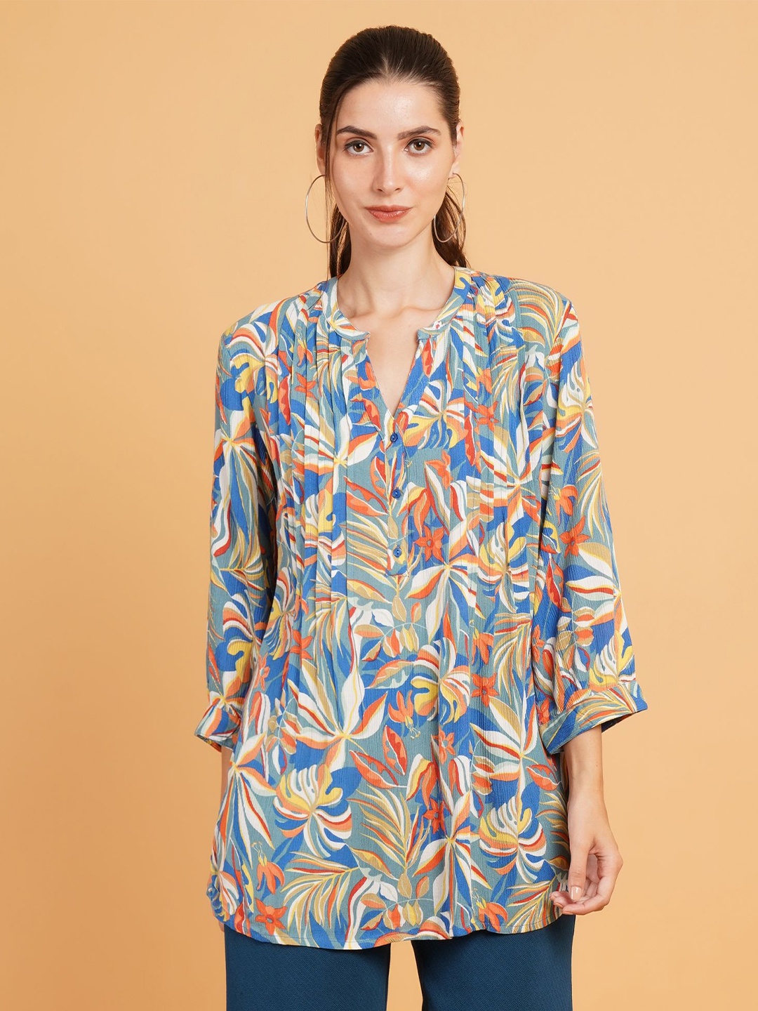 

IX IMPRESSION Floral Printed Pleated Kurti, Blue