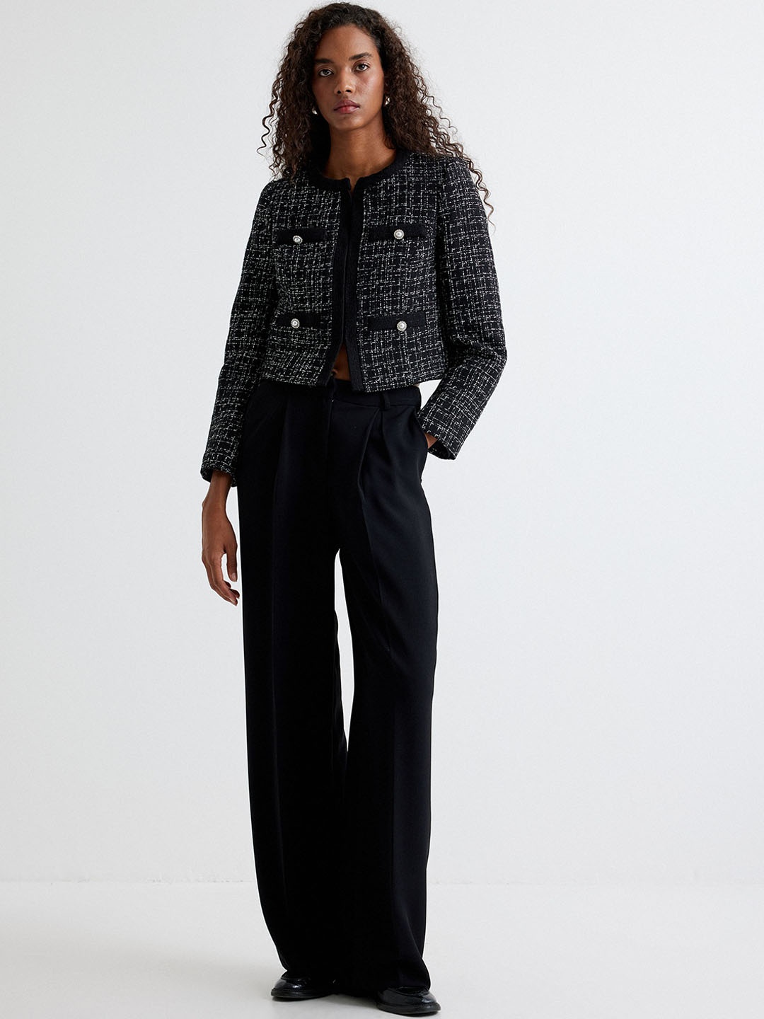 

Koton Women Checked Crop Tailored Jacket with Embroidered, Black