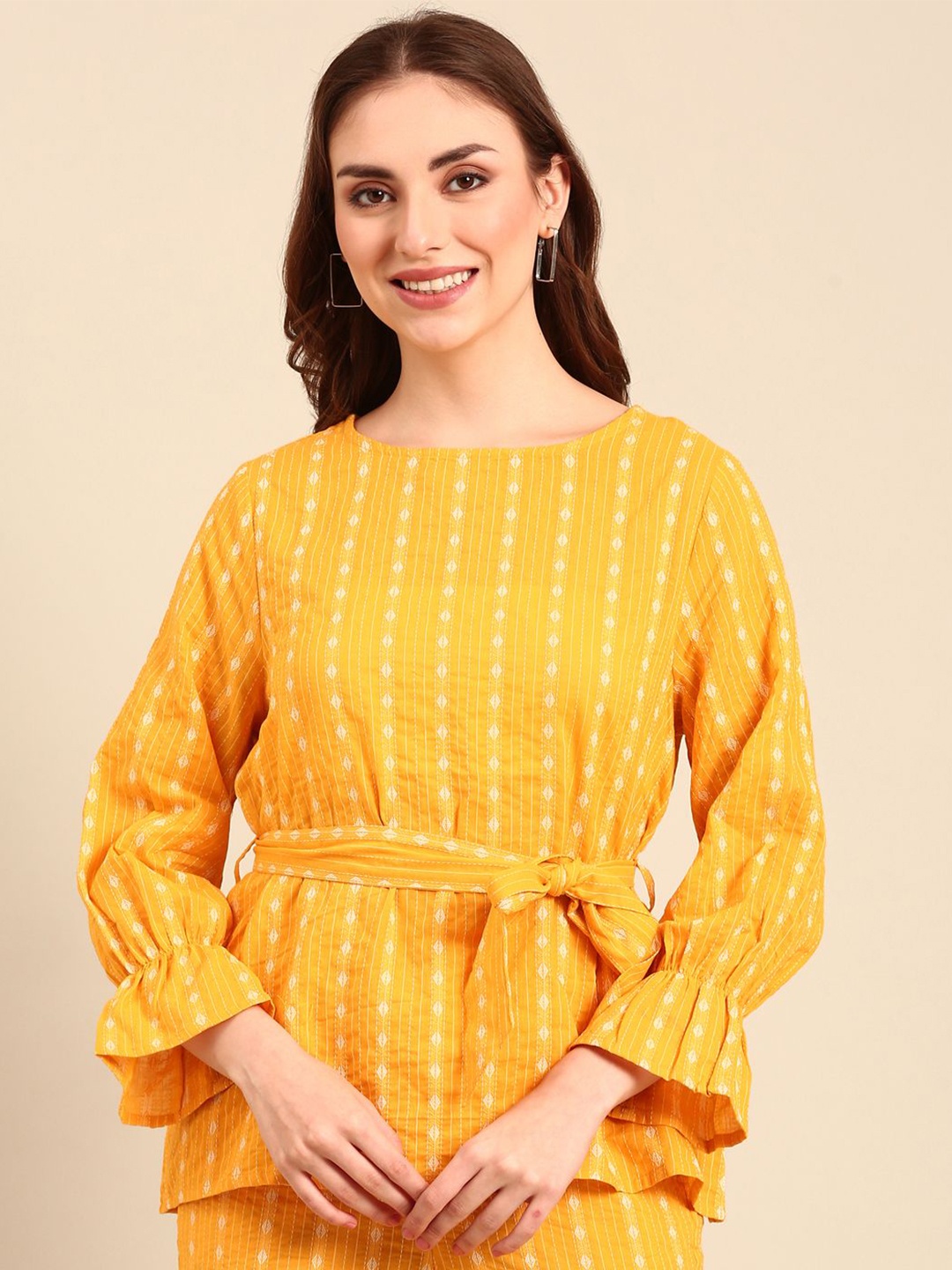 

De Moza Women Vertical Striped Round Neck Cotton Top, Yellow
