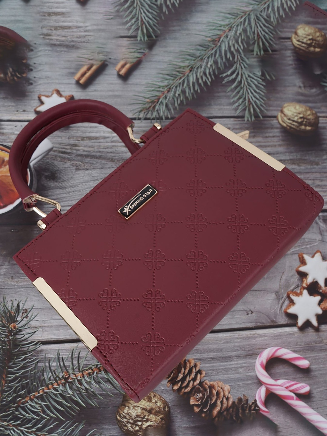 

SHINING STAR PU Half Moon Handheld Bag with Quilted, Maroon