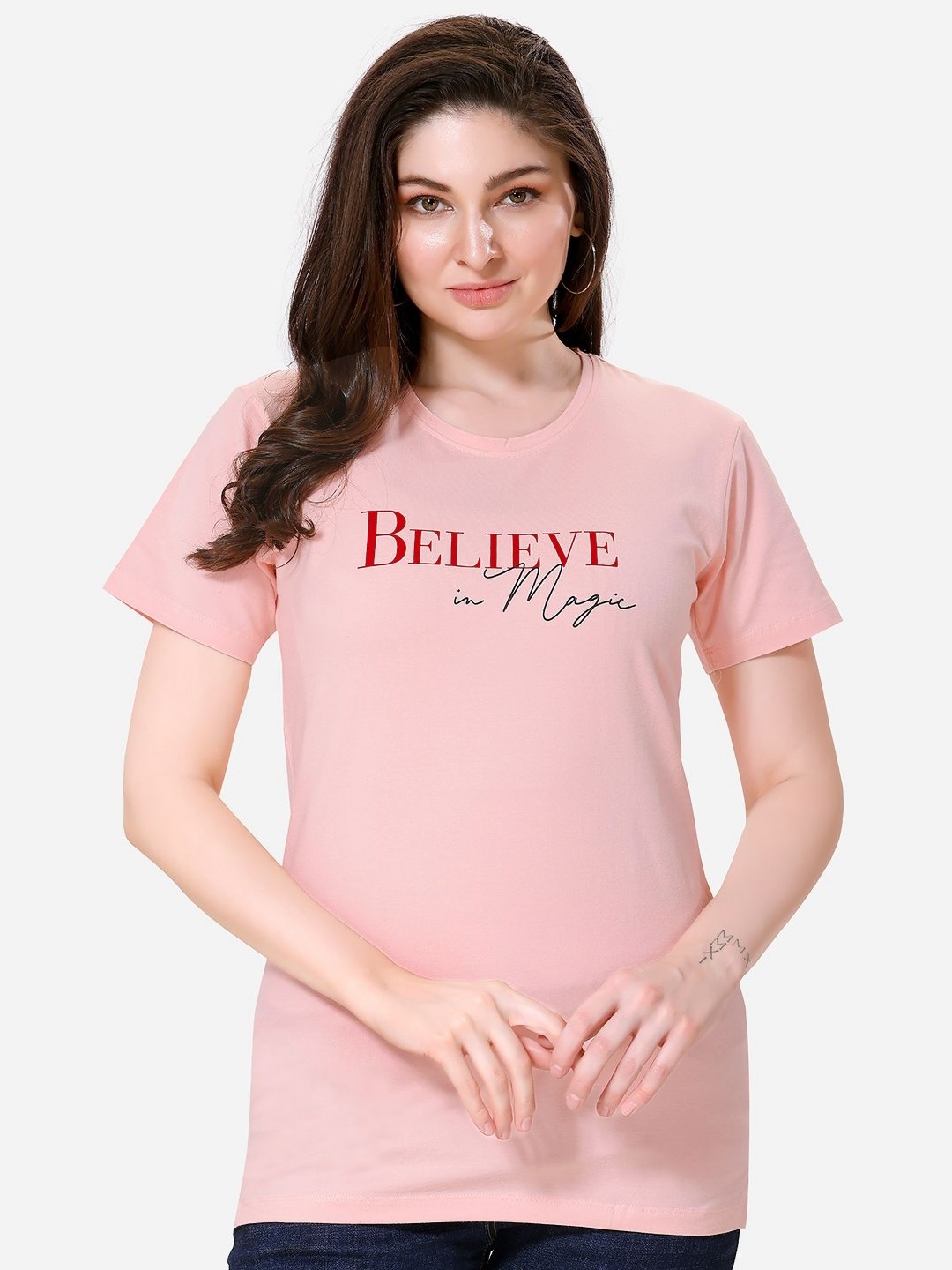 

Lenissa Women Typography Printed Round Neck Cotton Relaxed Fit T-Shirt, Peach