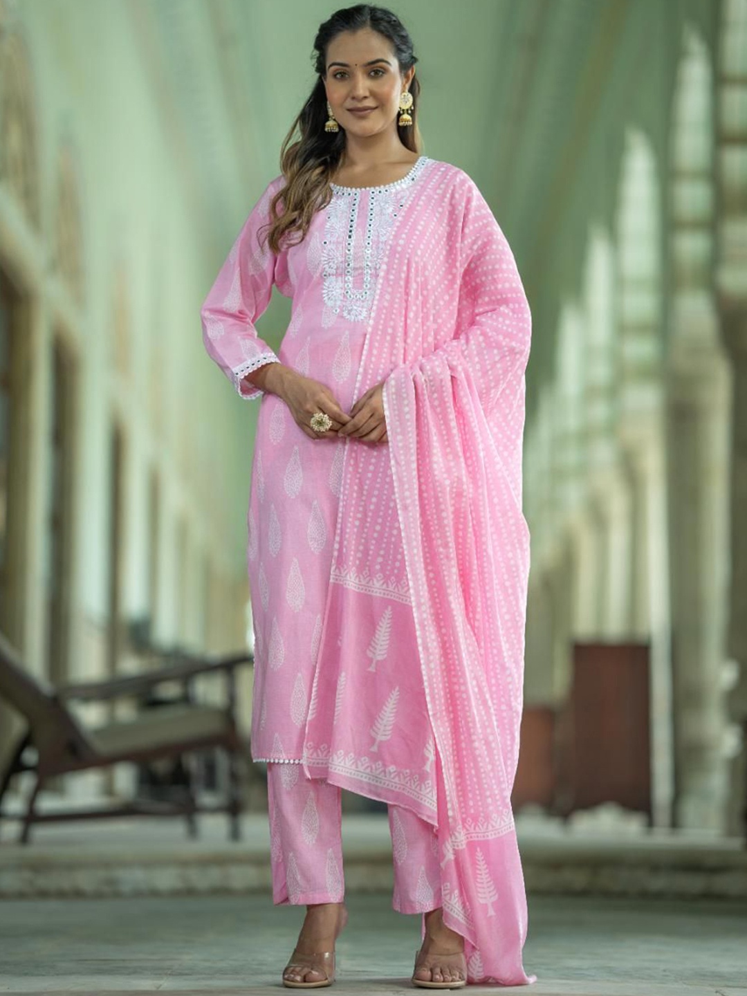 

KALINI Floral Embroidered Pure Cotton Straight Kurta with Trousers & Dupatta, Pink