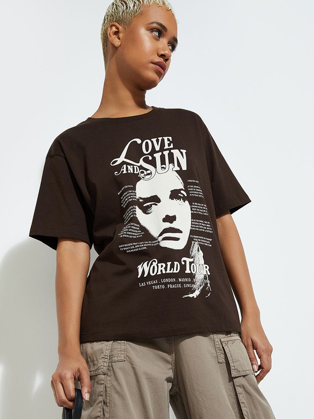 

max URB_N Women Love and Sun Printed Relaxed Fit T-shirt, Brown