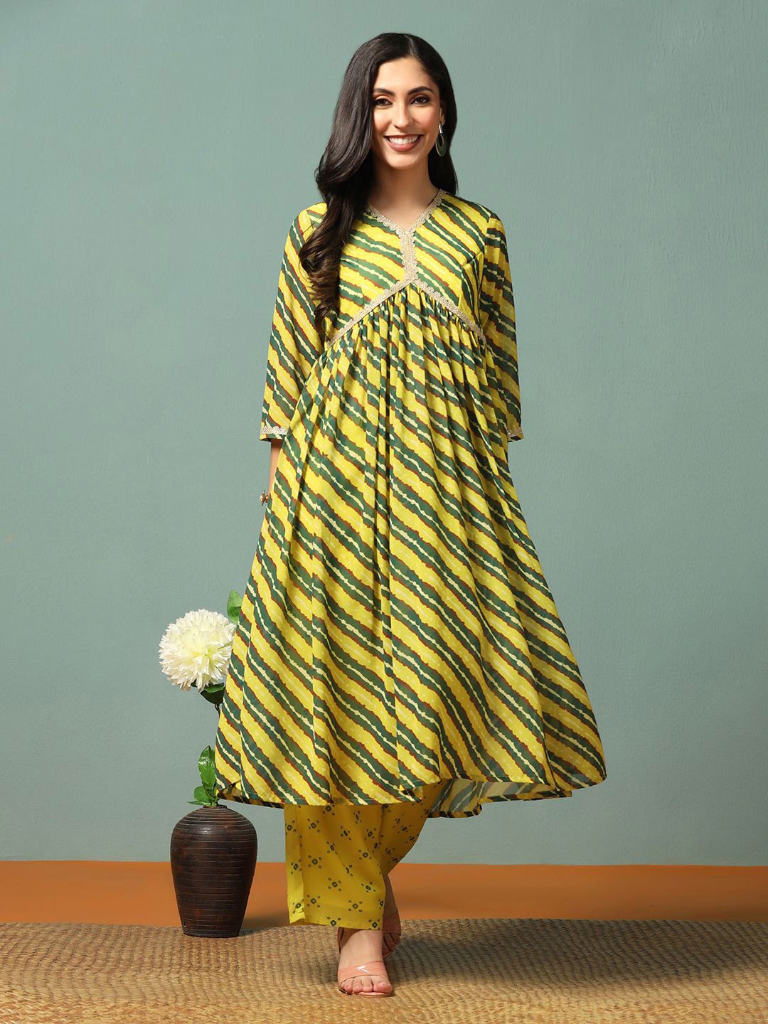 

BAESD Leheriya Printed Empire Georgette Kurta With Palazzos, Yellow