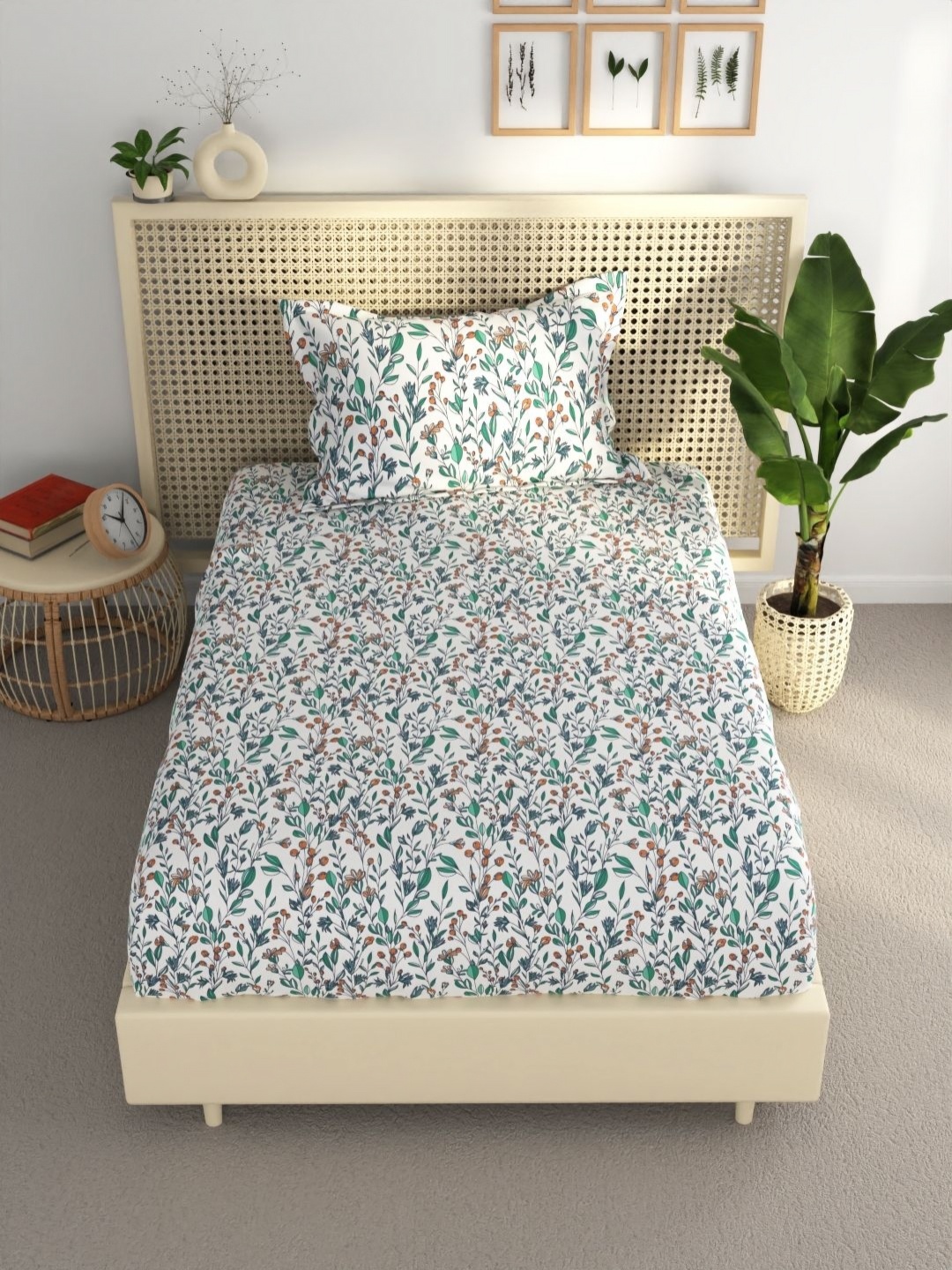 

BIANCA Green & Orange Floral 120 TC Single Bedsheet With 1 Pillow Cover