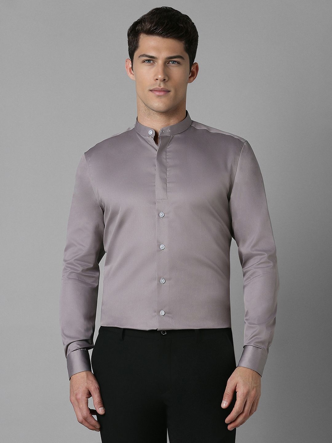 

Louis Philippe Men Band Collar Solid Cotton Slim Fit Formal Shirt, Grey
