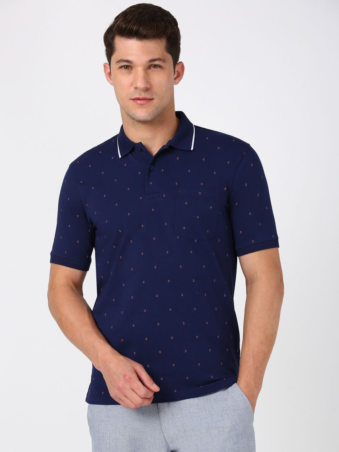 

Peter England Men Conversational Printed Polo Collar Cotton T-Shirt, Navy blue