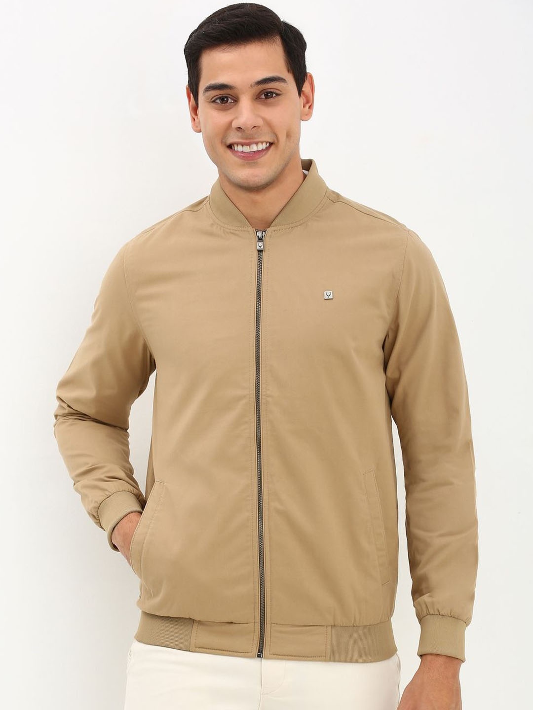 

Allen Solly Men Solid Stand Collar Bomber Jacket, Beige