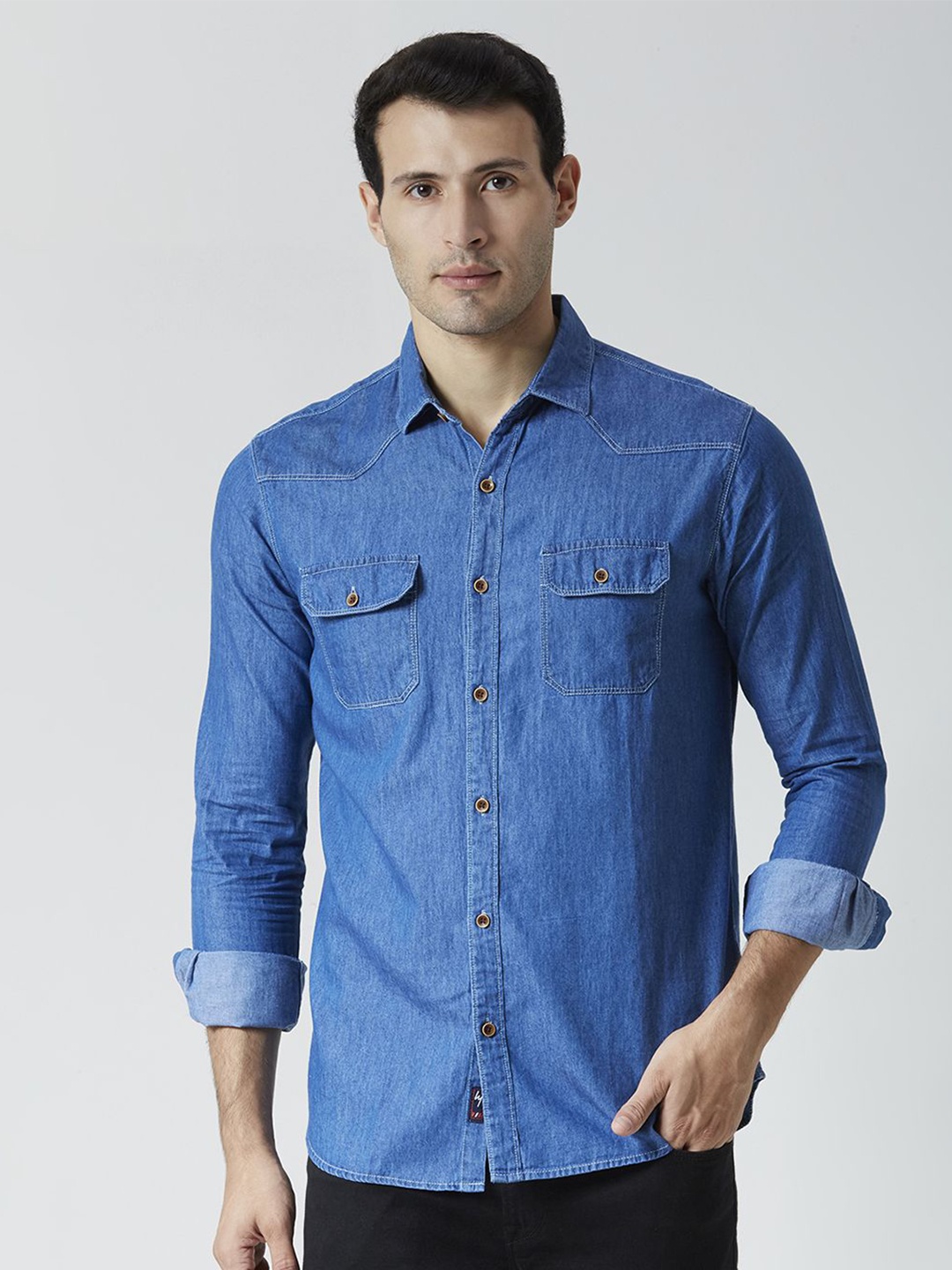 

HJ HASASI Men Spread Collar Solid Cotton Casual Shirt, Blue