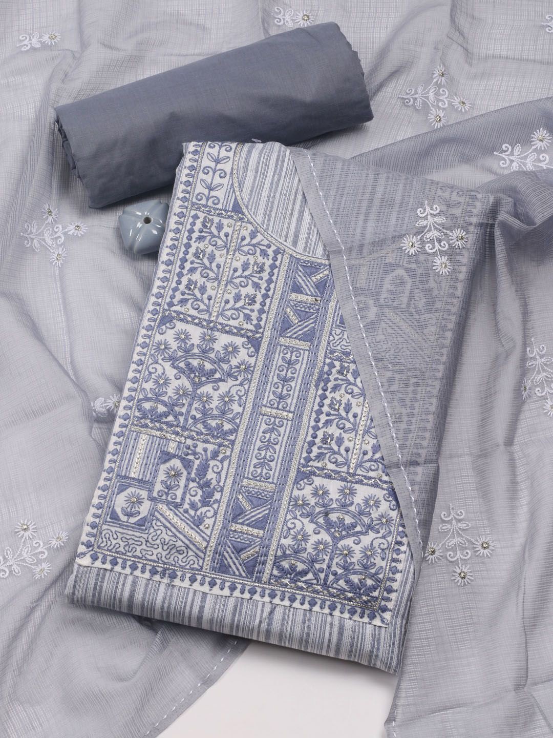 

Meena Bazaar Floral Unstitched Dress Material, Grey