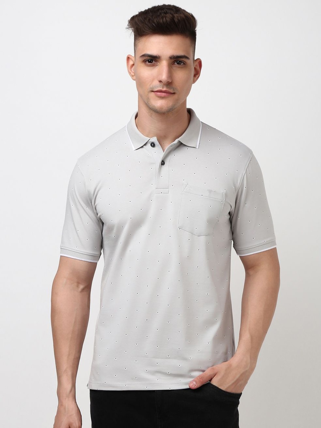 

Peter England Men Conversational Printed Polo Collar Cotton T-shirt, Grey