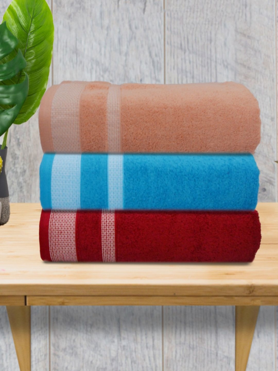 

Aura Blue & Maroon 3 Pieces Striped Cotton 400 GSM Bath Towels