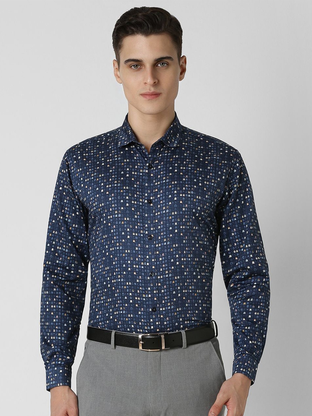 

V Dot Men Spread Collar Geometric Printed Slim Fit Party Shirt, Navy blue