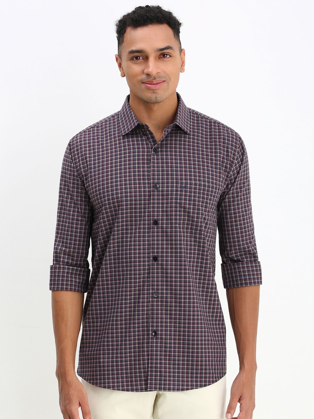 

Allen Solly Men Spread Collar Micro Checked Cotton Slim Fit Casual Shirt, Navy blue