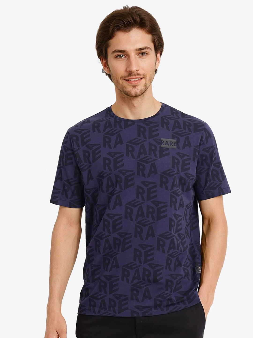 

RARE RABBIT Men Typography Printed Round Neck Cotton T-shirt, Blue
