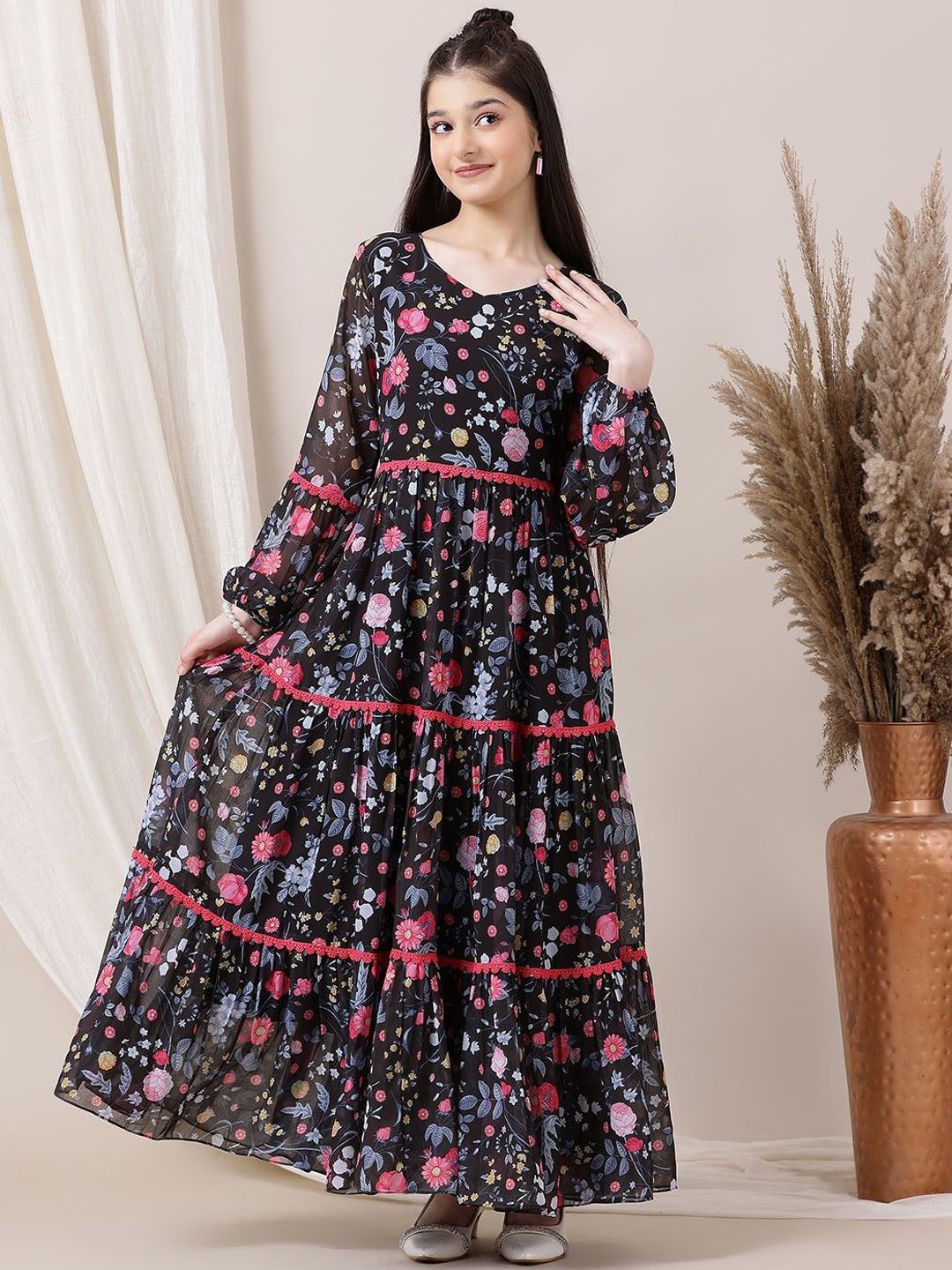 

Inddus Girls Floral Printed Fit and Flared Ethnic Dresses, Black