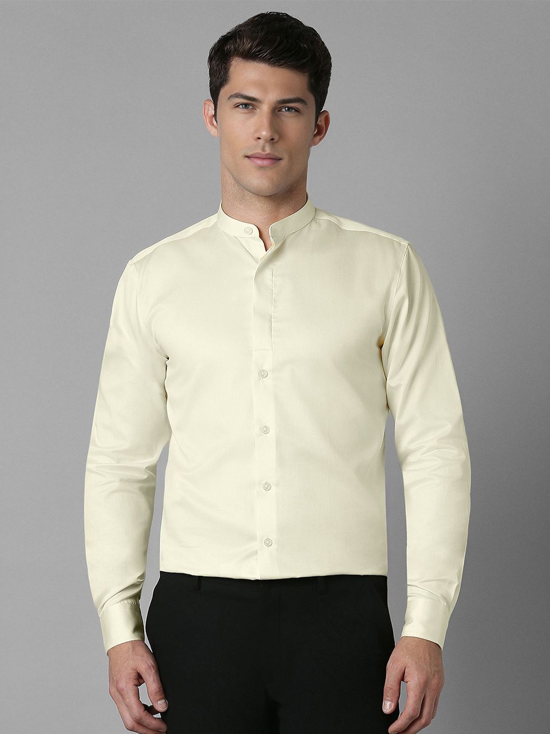 

Louis Philippe Men Band Collar Solid Cotton Slim Fit Formal Shirt, Cream