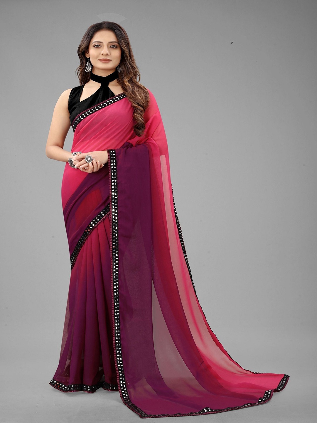 

Aika Ombre Sequinned Pure Georgette Saree, Purple