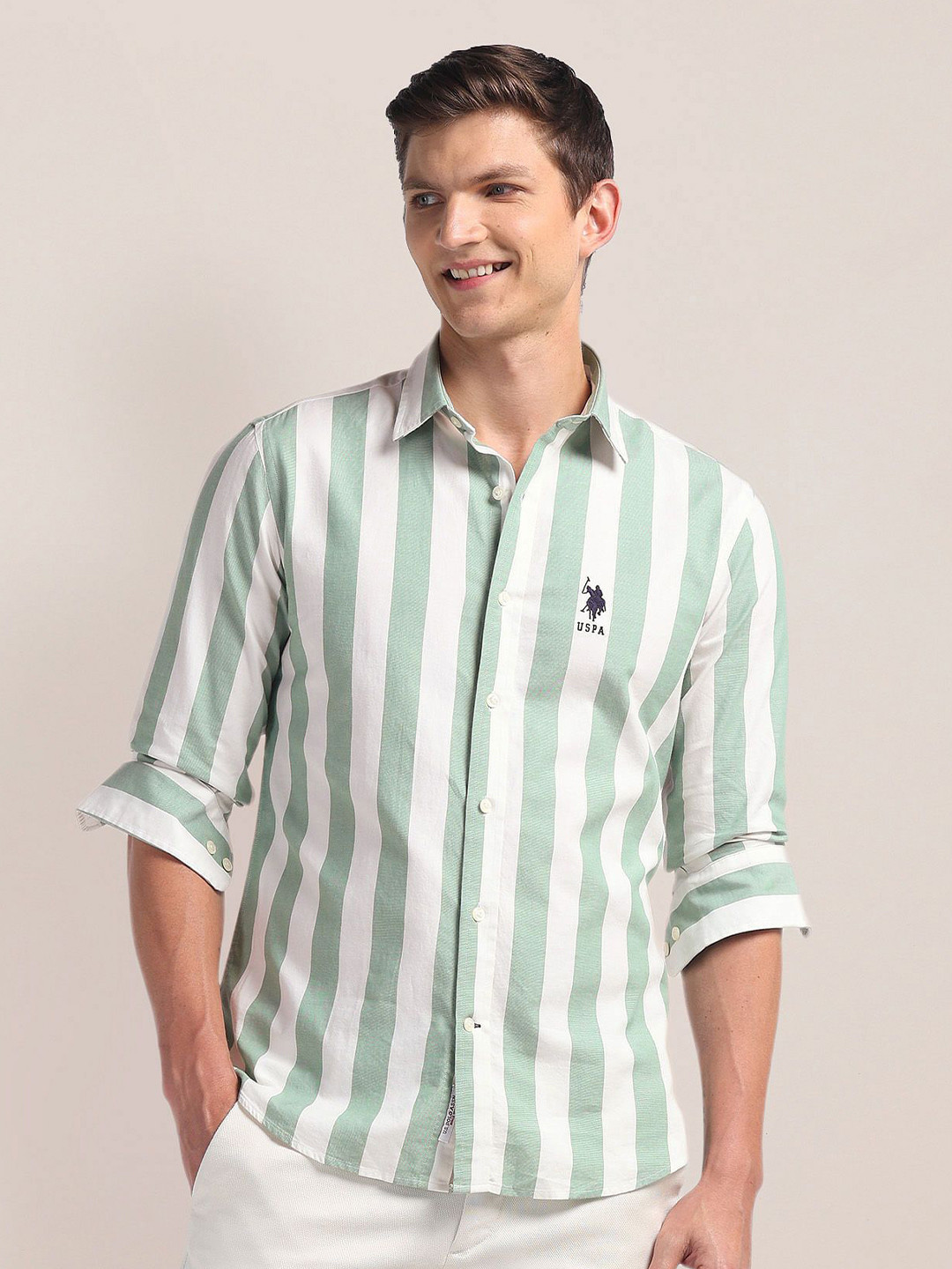 

U.S. Polo Assn. Men Classic Spread Collar Striped Cotton Casual Shirt, Green