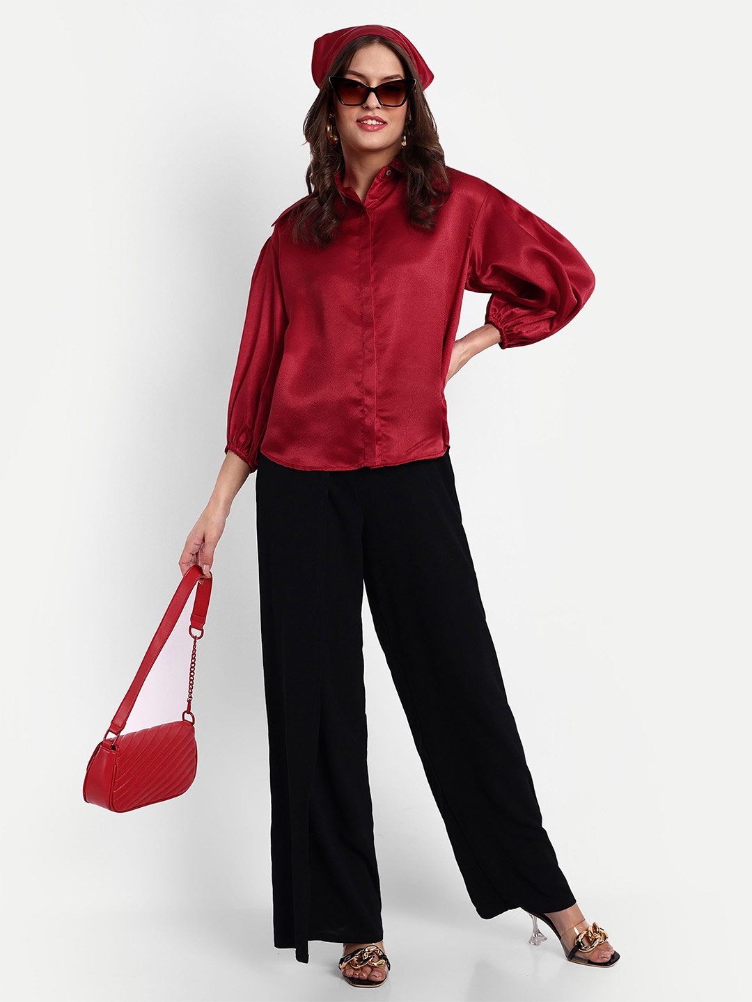 

ESSQUE Women Classic Spread Collar Solid Relaxed Fit Party Shirt, Red