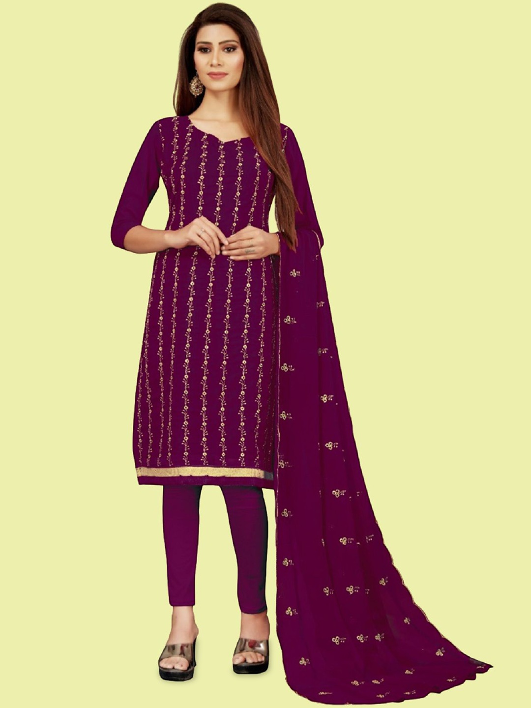 

APNISHA Floral Embroidered Thread Work Silk Georgette Unstitched Dress Material, Purple