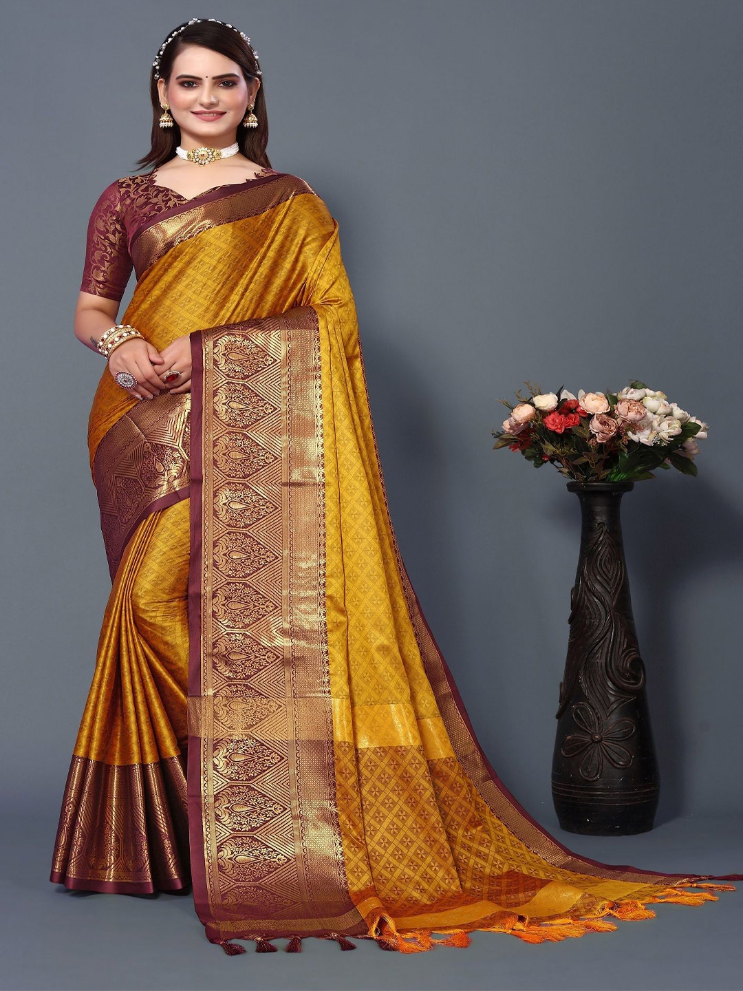 

Aika Woven Design Zari Silk Cotton Saree, Mustard