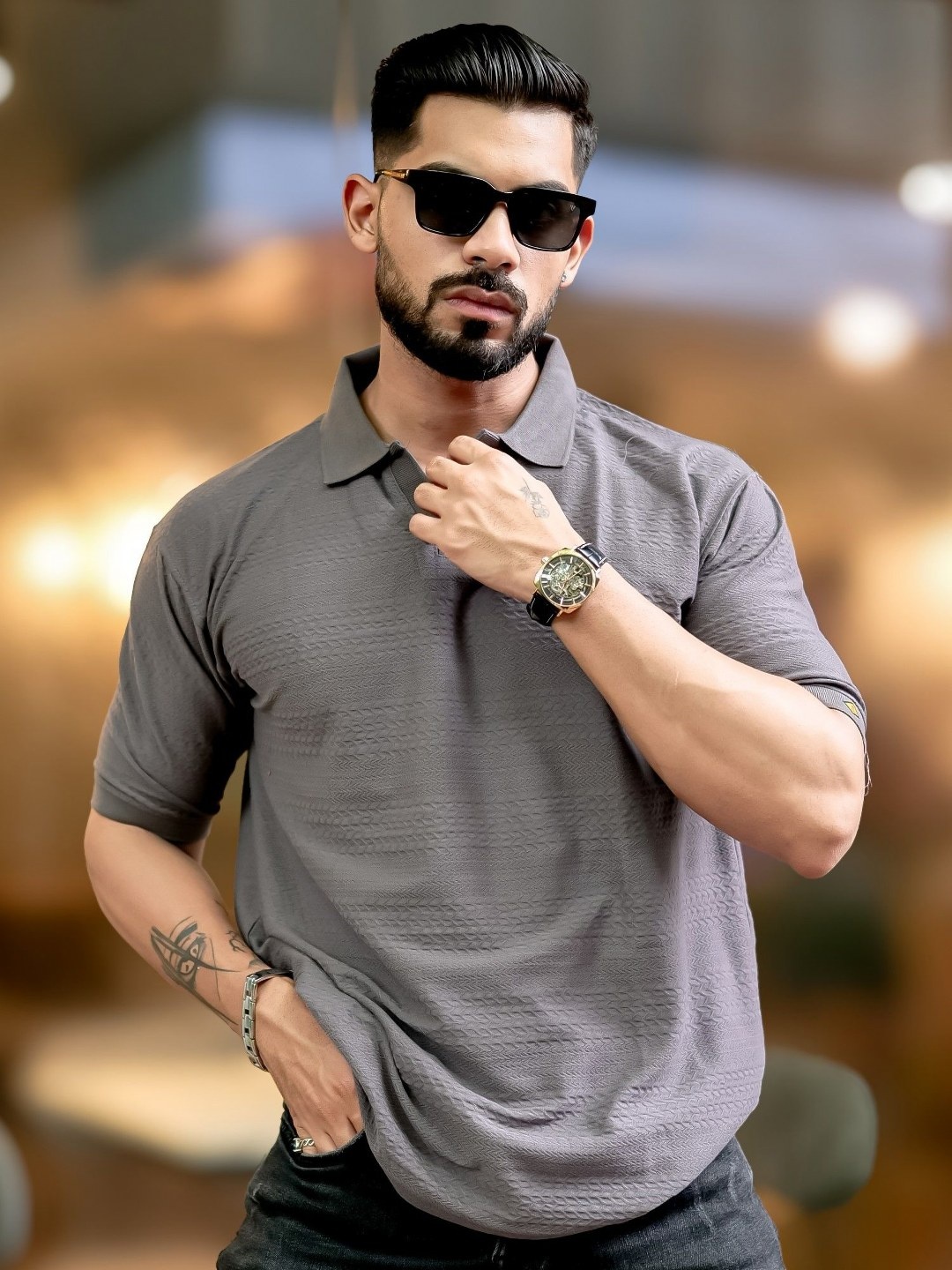 

Maniac Men Self Design Polo Collar Cotton T-shirt, Grey