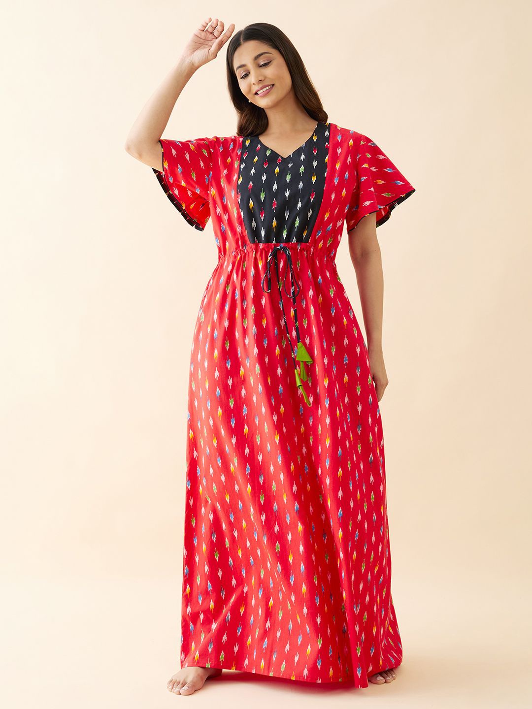 

Maybell pure cotton ethnic motifs Printed Nighty with Tie-up Maxi Nightdress, Red