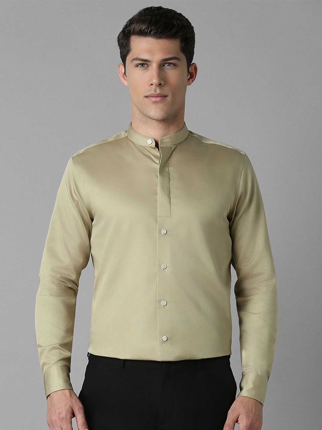 

Louis Philippe Men Band Collar Solid Cotton Slim Fit Formal Shirt, Olive