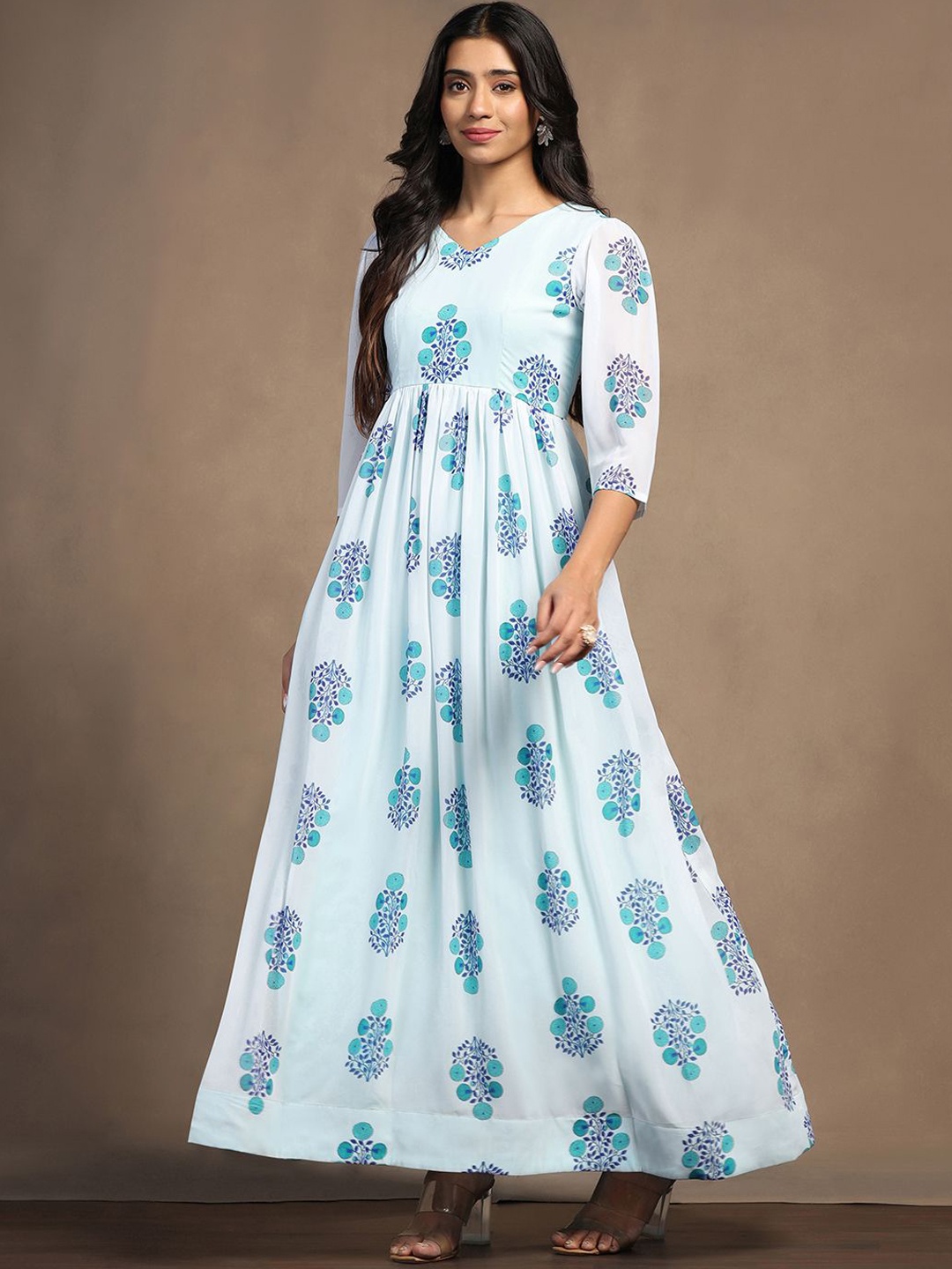 

BAESD Ethnic Motifs Printed Georgette Maxi Ethnic Dresses, Blue