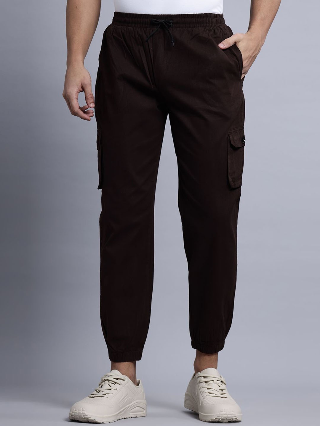 

N AND J Men Cotton Mid-Rise Joggers, Brown