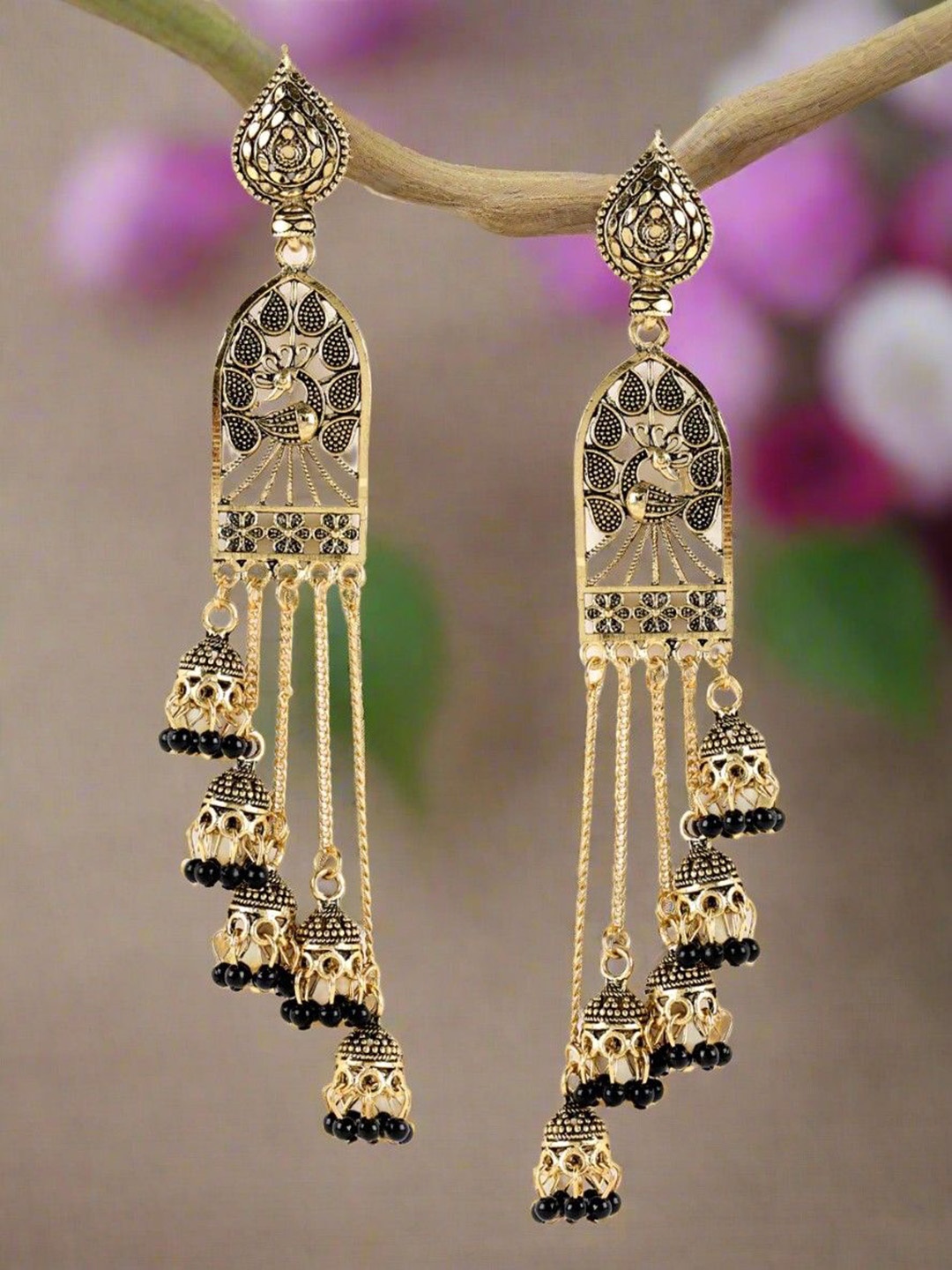 

Jazz and Sizzle Gold Plated Peacock Shaped Jhumkas, Black