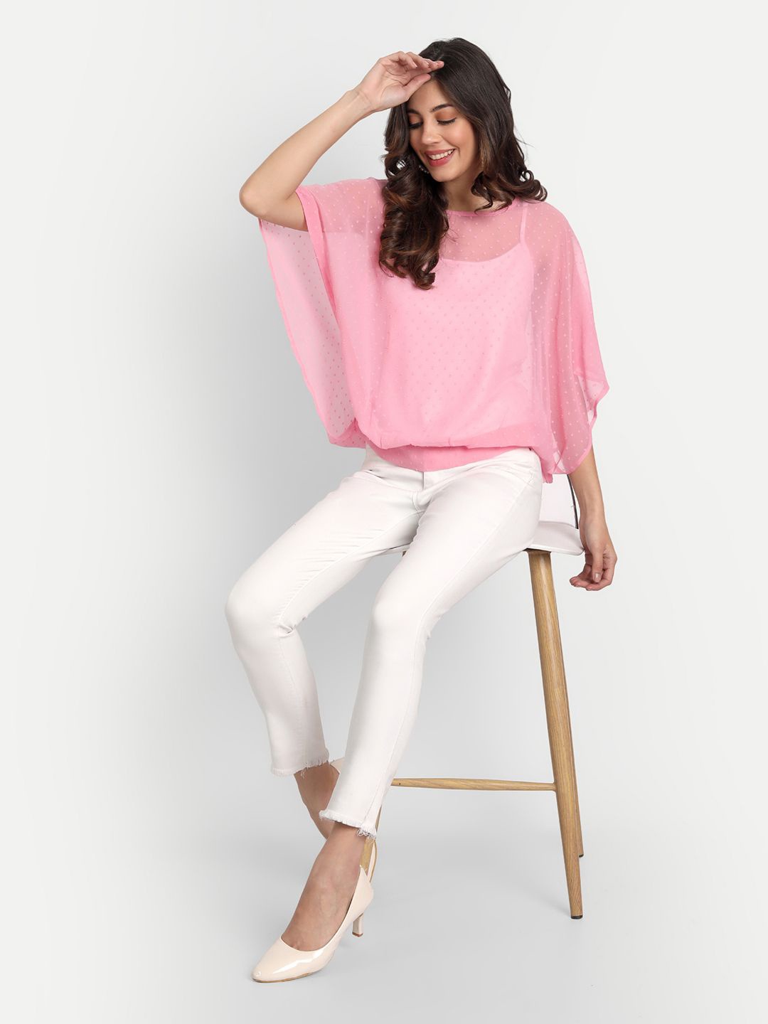 

ESSQUE Women Self Design Sheer Round Neck Top, Pink