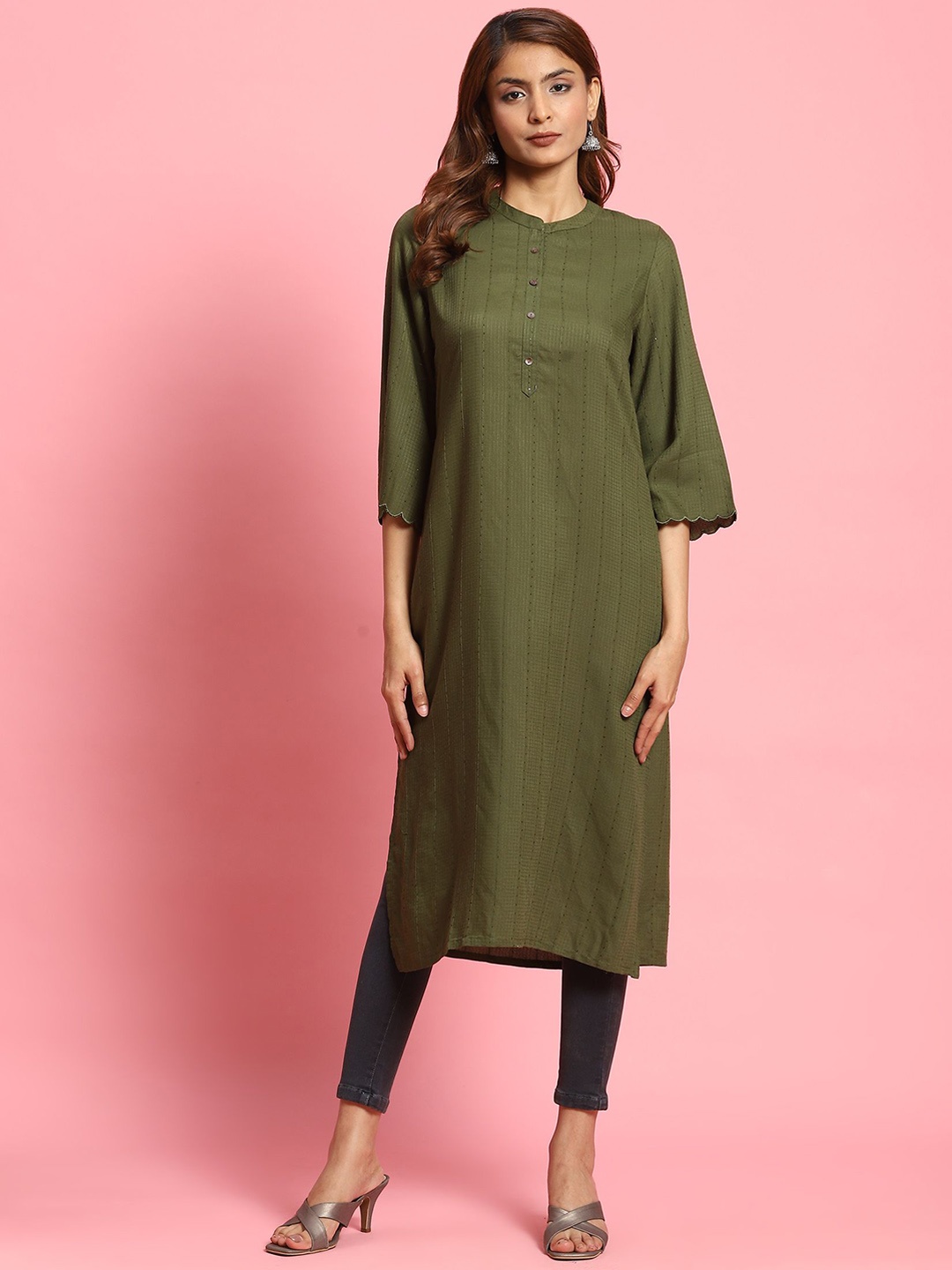 

Shree Striped Flared Sleeves Thread Work Straight Kurta, Olive
