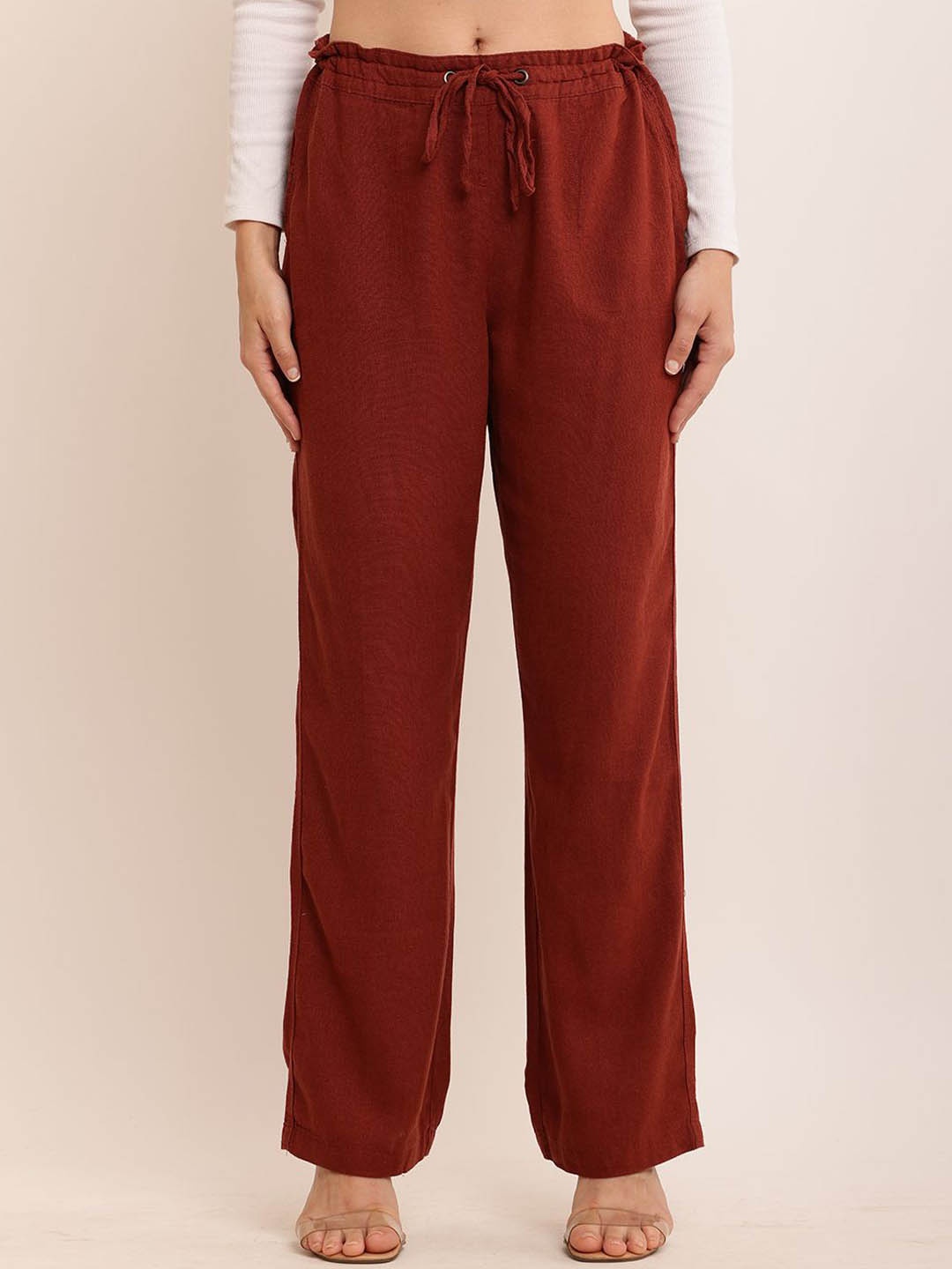 

NoBarr Women Relaxed mid rise Parallel Trousers, Brown