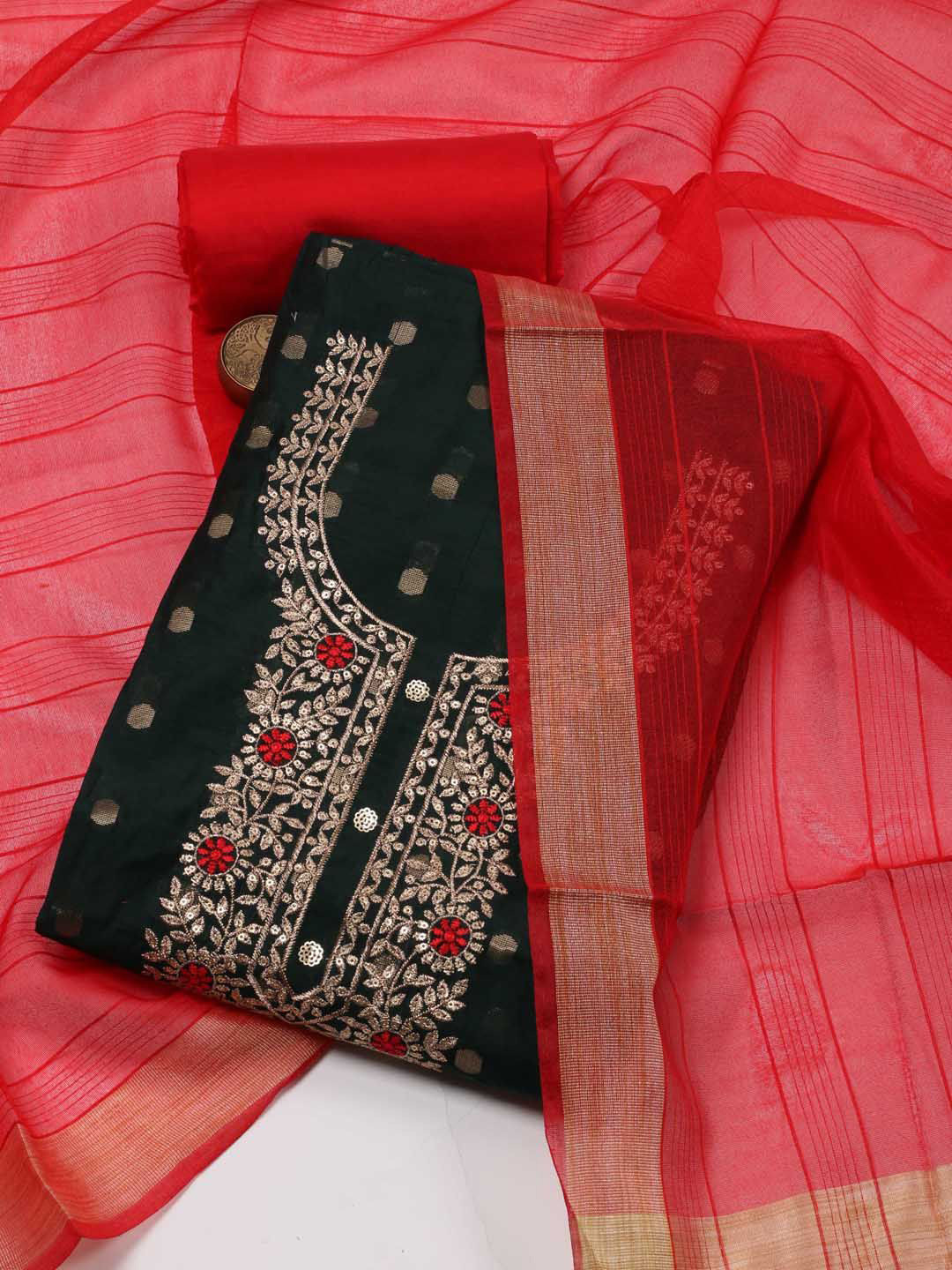 

Meena Bazaar Ethnic Motifs Printed Thread Work Unstitched Dress Material, Green