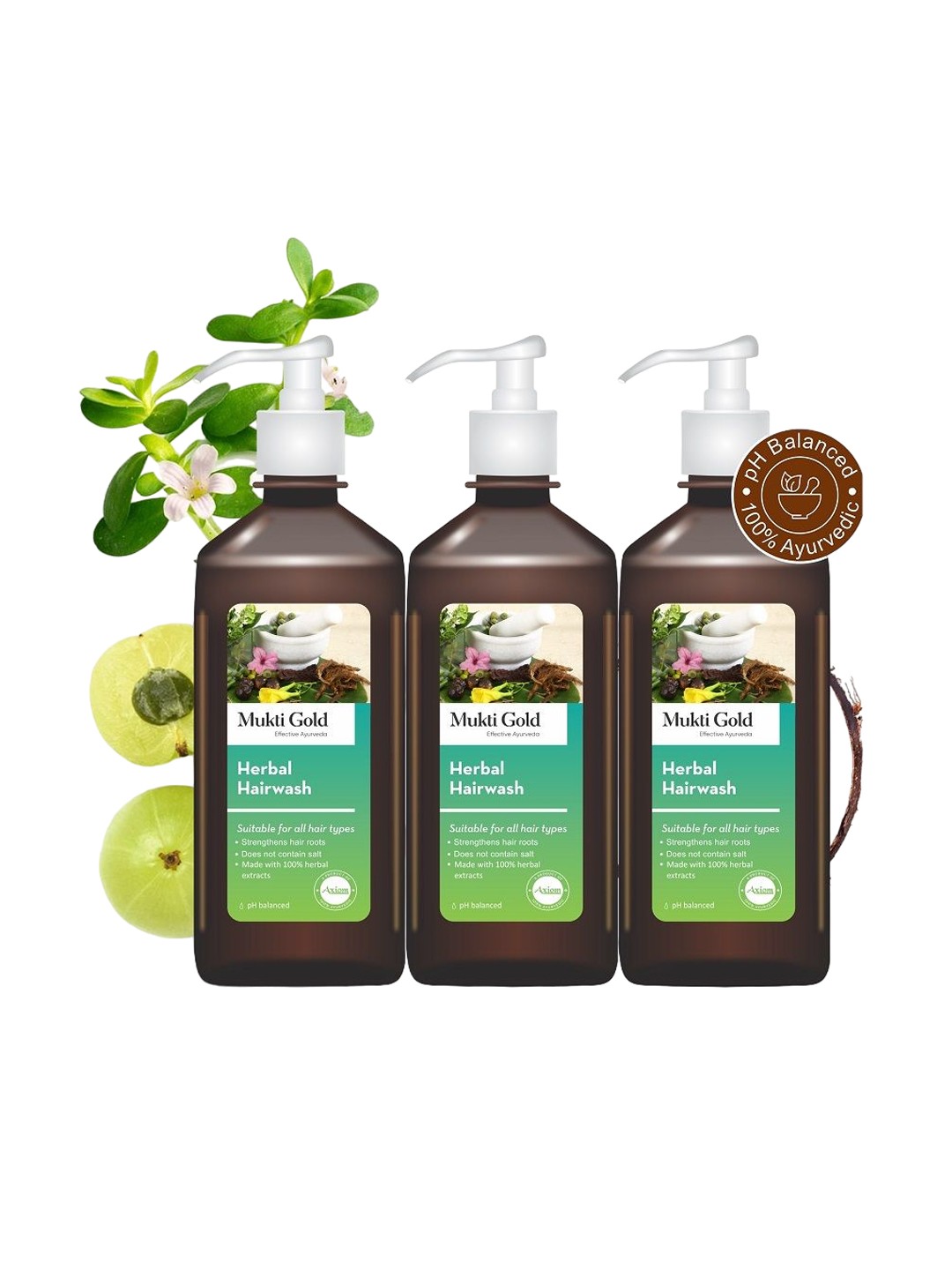 

Mukti Gold Set Of 3 Herbal Hairwash Dispenser-400ml Each, Brown