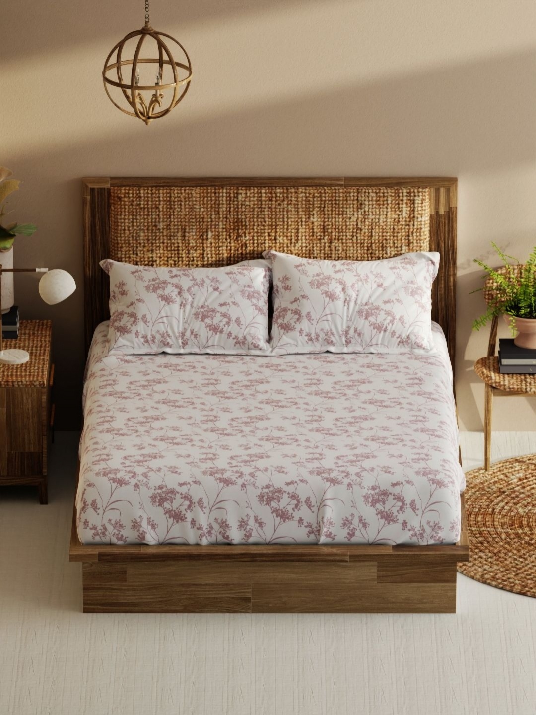 

BIANCA monkler White & Purple Floral Cotton 210 TC King Bedsheet with 2 Pillow Covers