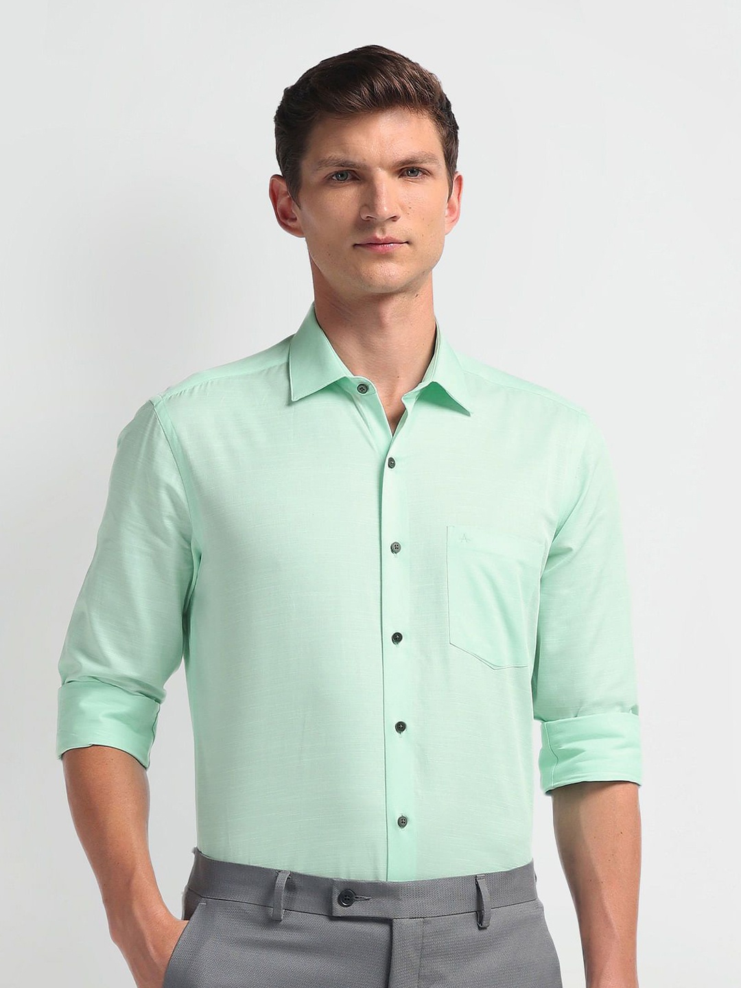 

Arrow Men Smart Spread Collar Solid Cotton Slim Fit Formal Shirt, Green