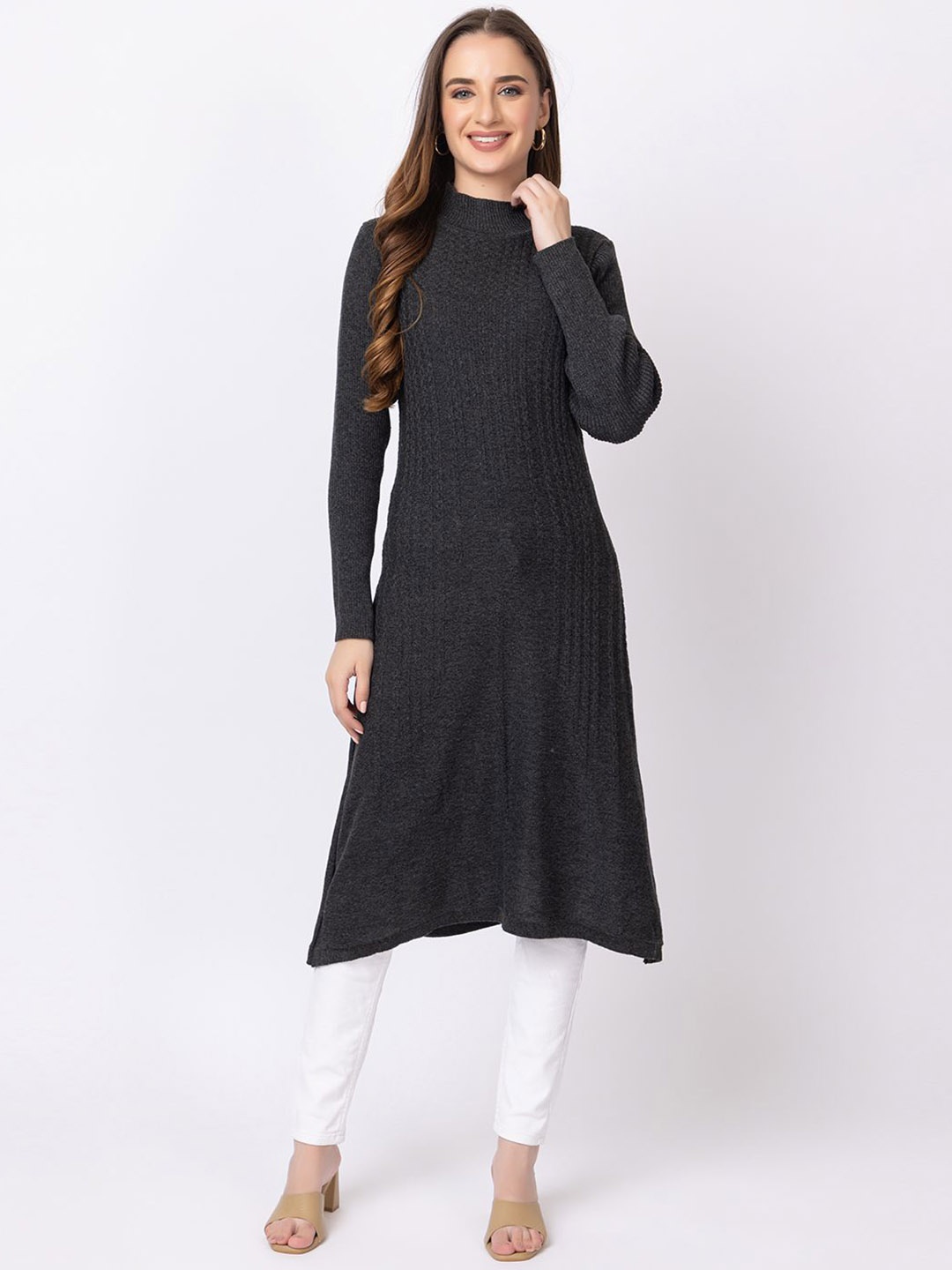 

Anouk Self Design High Neck Jacquard Knitted A-Line Kurta, Charcoal