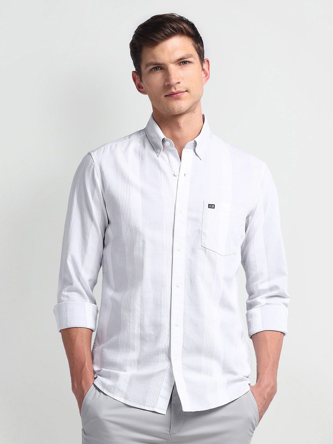 

Arrow Sport Men Smart Button-Down Collar Striped Cotton Slim Fit Casual Shirt, Grey
