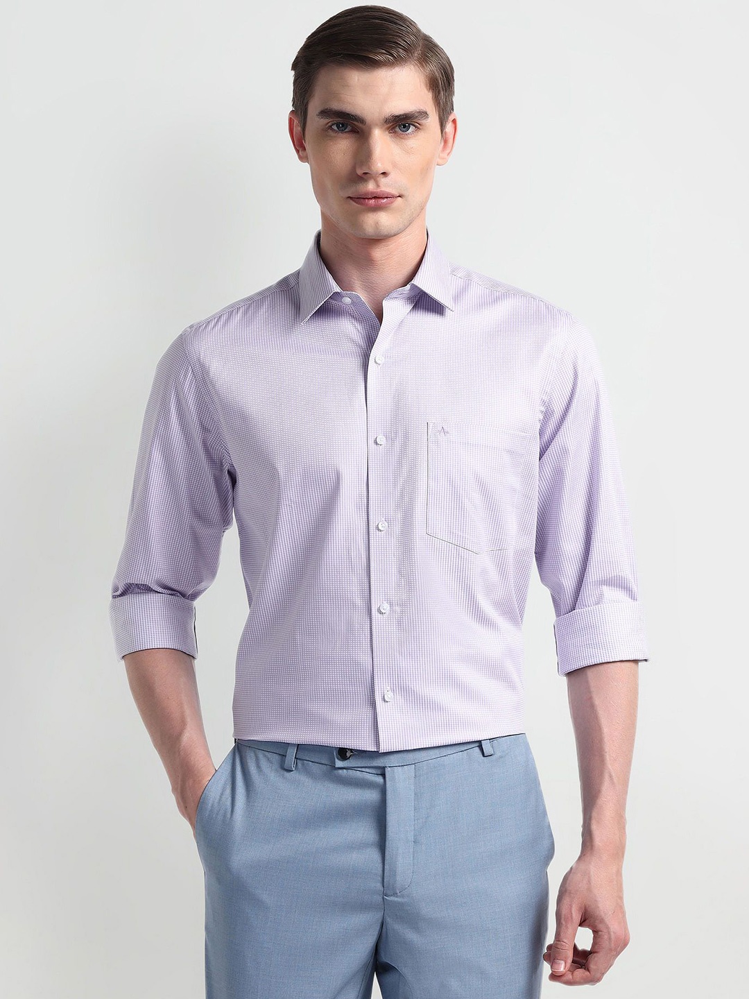 

Arrow Men Modern Spread Collar Tartan Checked Cotton Slim Fit Formal Shirt, Purple