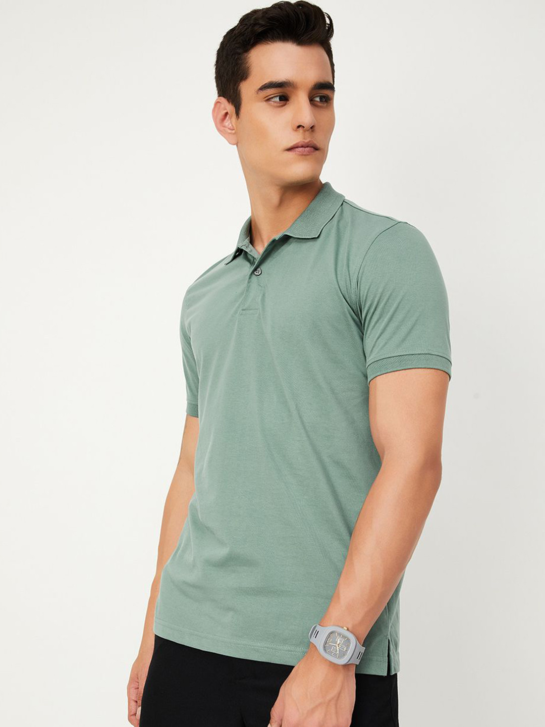 

max Men Solid Polo Collar Cotton T-Shirt, Green