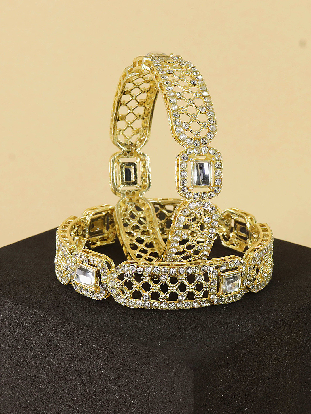 

LAVAZZA Set Of 2 Gold-Plated Kundan & Zircon Stone Studded Bangles