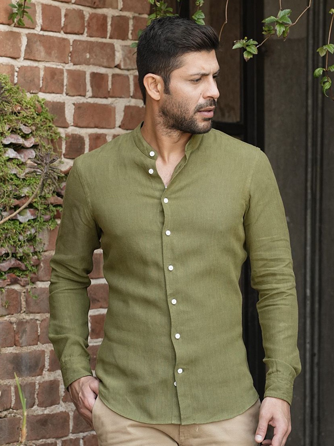 

Monks of Method Men Relaxed Band Collar Solid Linen Relaxed Fit Casual Shirt, Green