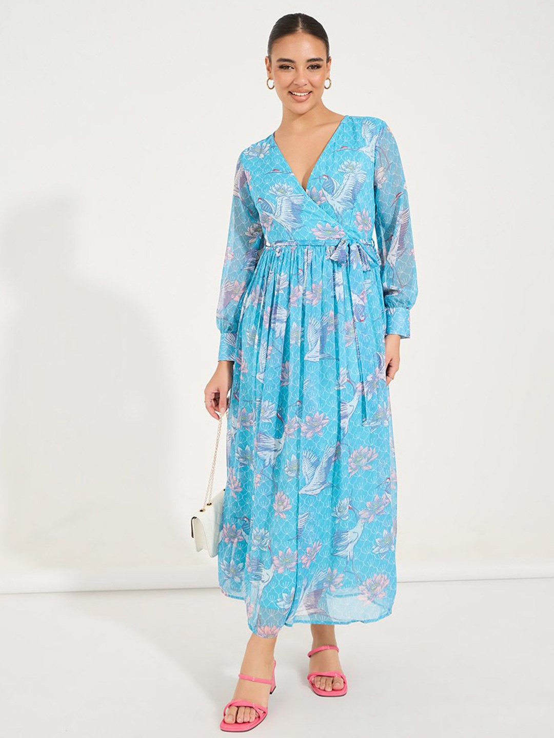 

Styli Floral Printed Wrap Maxi Dress with Wrap Detail, Blue