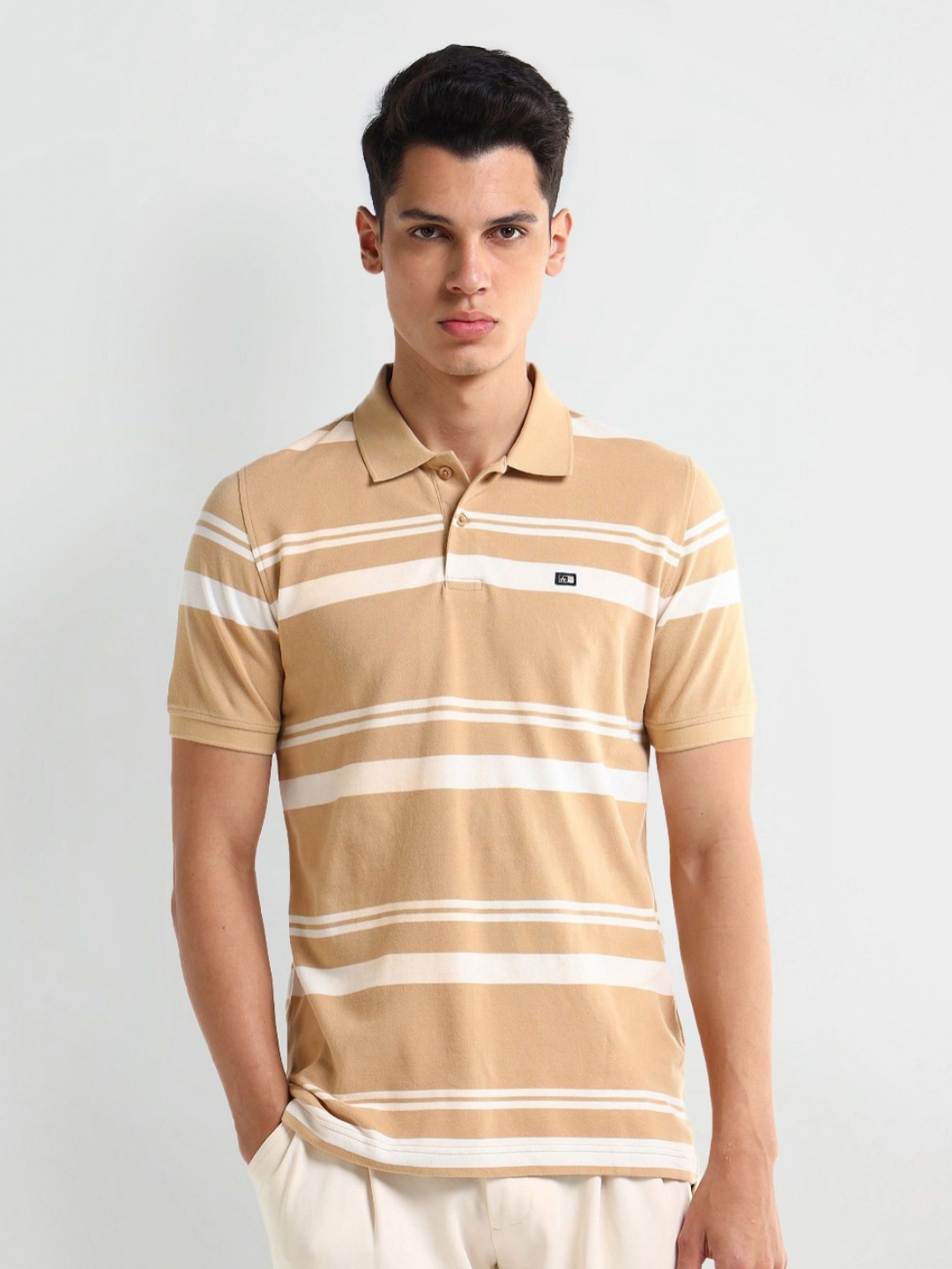 

Arrow Men Striped Knits Polo Collar Cotton T-shirt, Beige