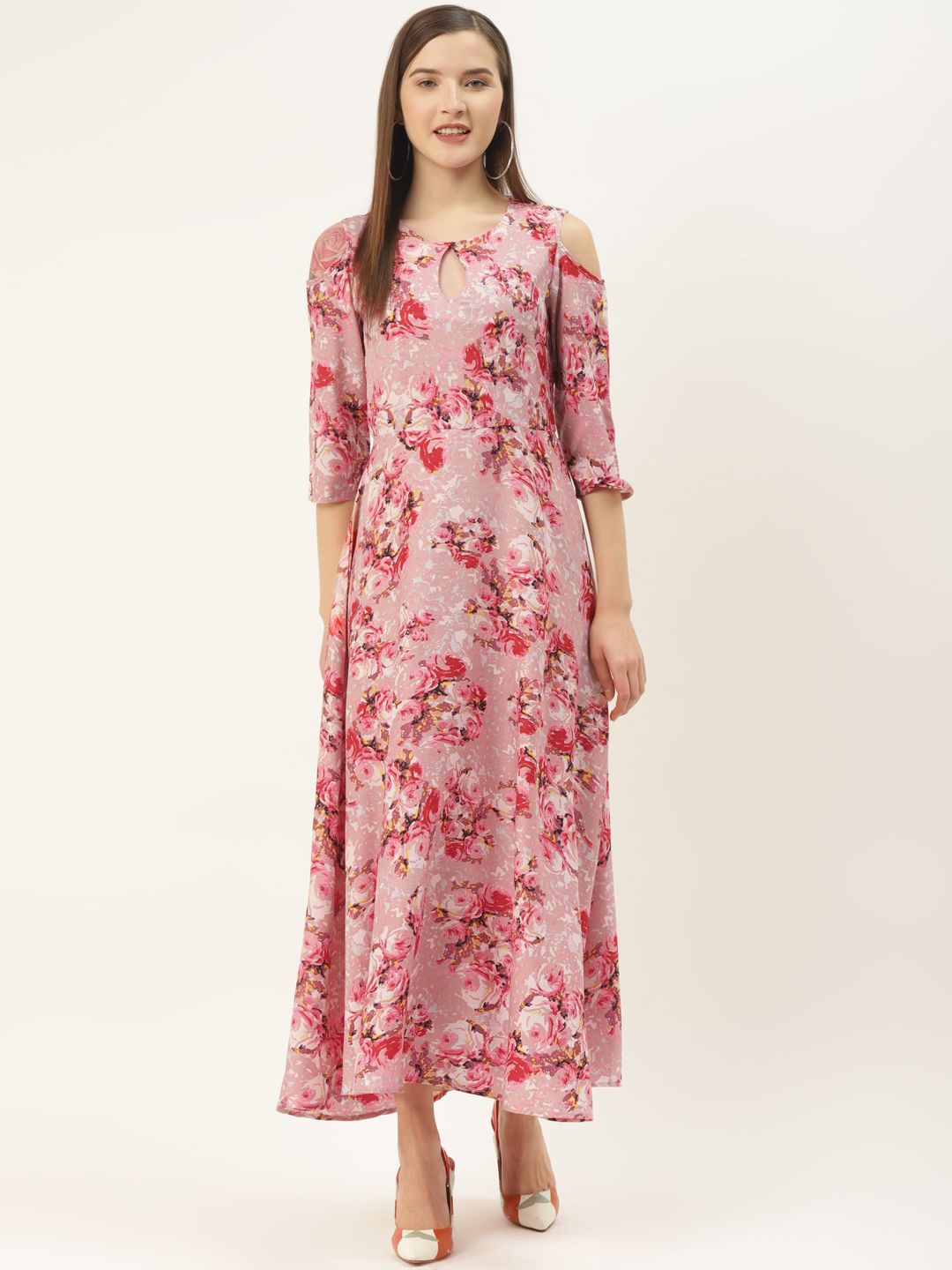 

Deewa Floral Print Keyhole Neck Crepe Fit & Flare Maxi Dress, Pink